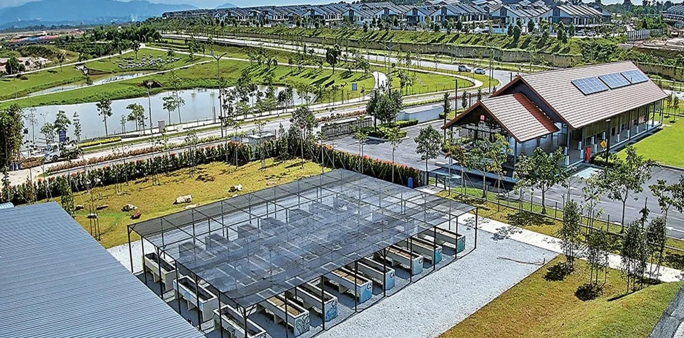 Aerial view of the nursery shade houses and lawns at Elmina Rainforest Knowledge Center
